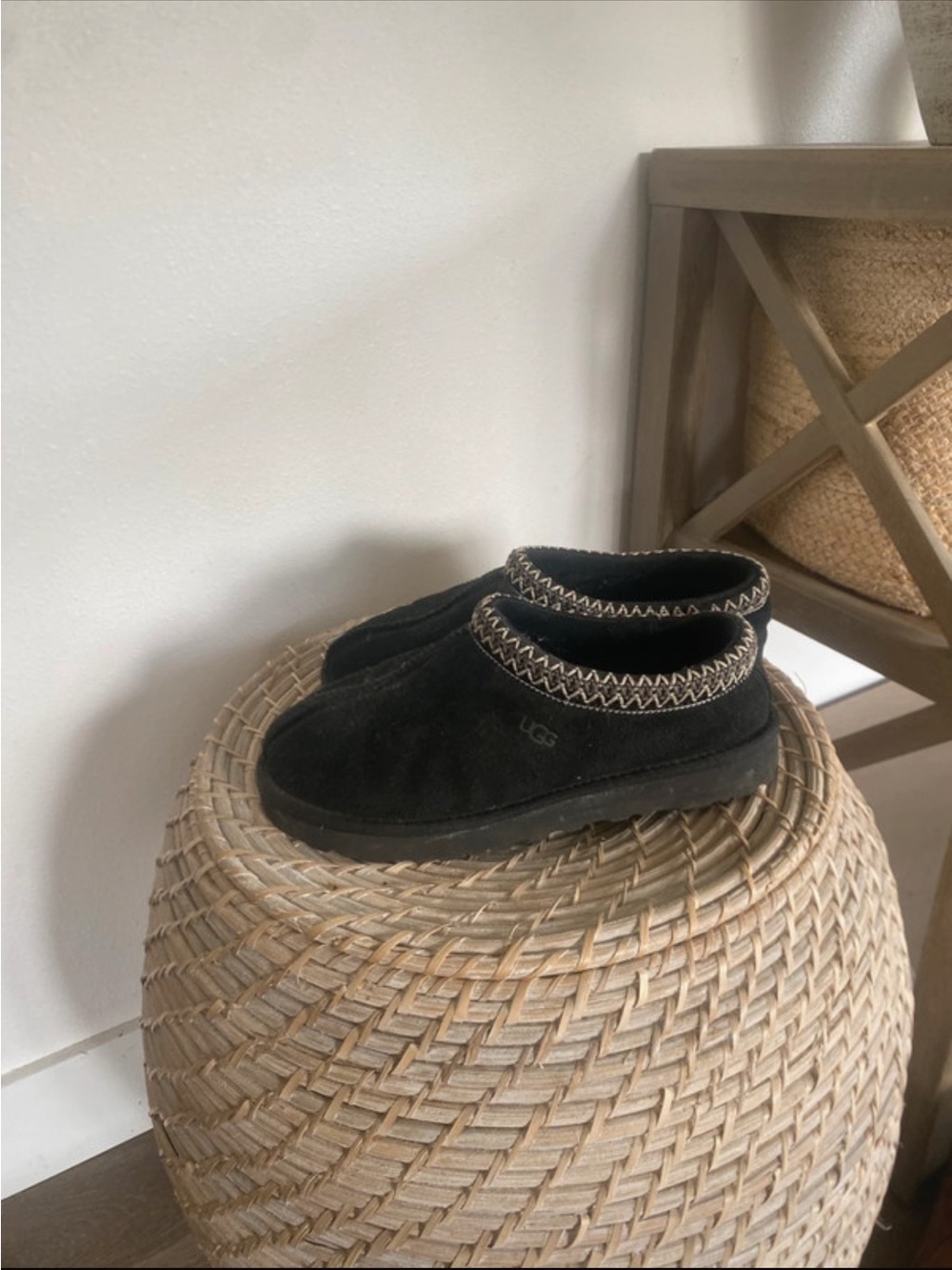 UGG Black Suede Slip-On Low Ankle Slippers with Contrast Stitch Trim